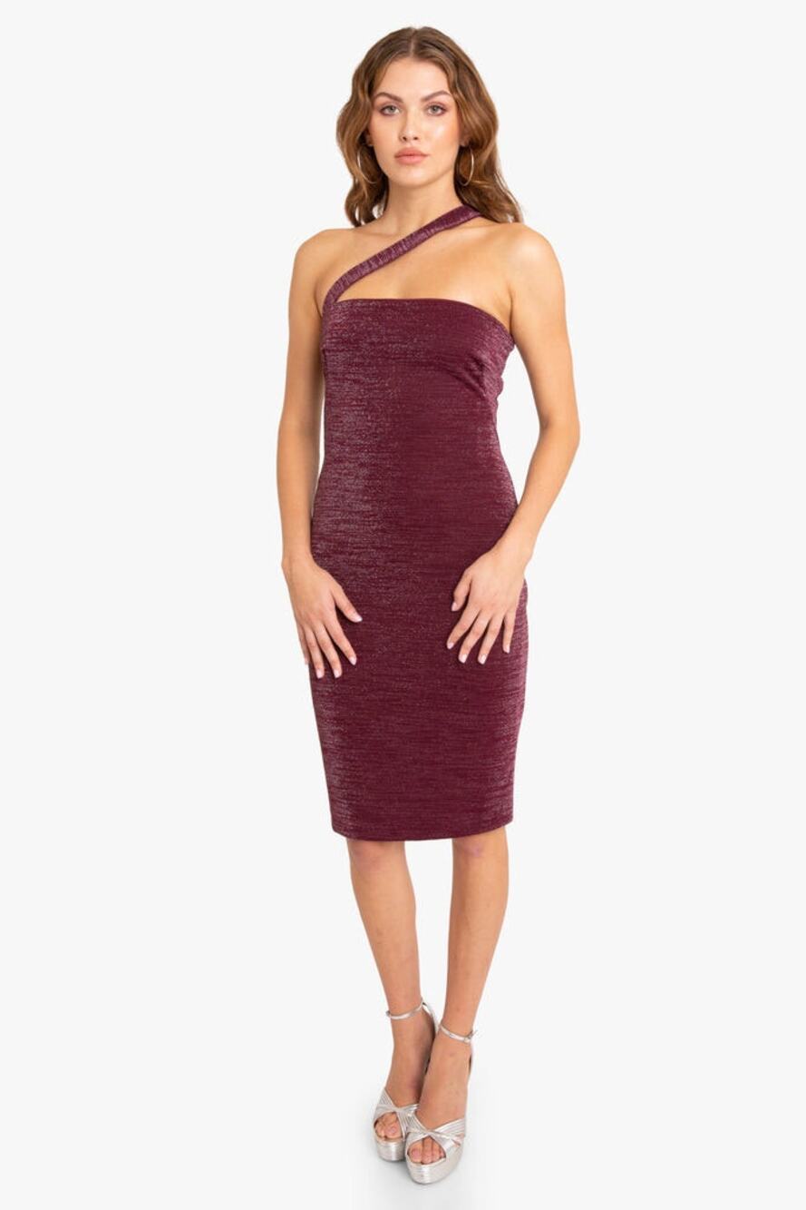 Black Halo 4 Vintea Burgundy Glitter Asymmetric Neck Strap Sheath Cocktail Dress